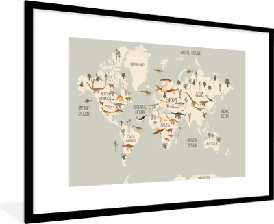 Produktbild von MuchoWow® Gerahmtes Poster Weltkarte Kinder - Dino's - Kinder - Jungen - Mädchen - Kinder 90x60 cm - Poster mit Schwarzem Bilderrahmen Wandposter Rahmen Foto Bilder - Wanddekoration - Fotos