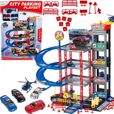 Image de MalPlay Parking avec 4 petites voitures et un hélicoptère | avec 4 niveaux de jeu et accessoires | à partir de 3 ans | Jeu de rôle Cadeau d'anniversaire pour enfants