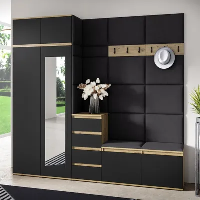 Produktbild von Garderoben-Set BERLIN – Kleiderschrank mit Polsterplatten, Schuhschrank und Schrankaufsatz, für Flur und Eingangsbereich (Artisan/Schwarz, Trinity 16)