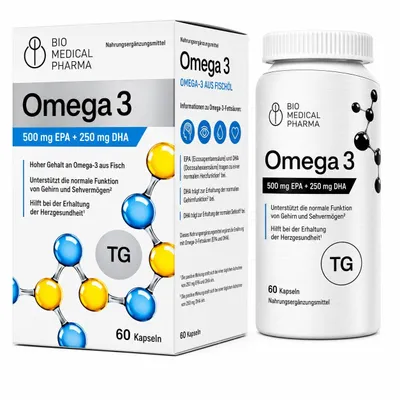 Produktbild von Omega 3 Kapseln Hochdosiert – 500 mg EPA + 250 mg DHA pro Kapsel – Triglycerid-Form für bessere Aufnahme – Nachhaltiges Fischöl