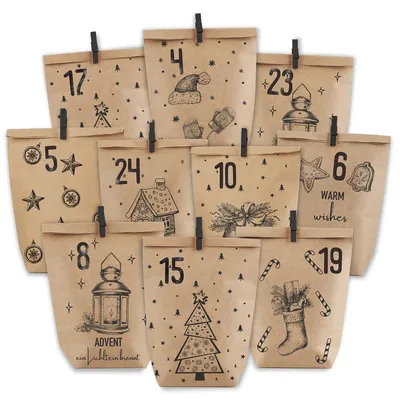 Produktbild von Adventskalender – Selbst befüllbar – 24 Papiertüten aus Kraftpapier – Weihnachtstüten – Zahlenaufkleber