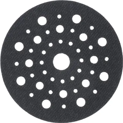 A black circular sanding pad with multiple white holes of varying sizes, arranged in a pattern.
