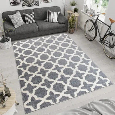 Produktbild von Teppich Wohnzimmer Schlafzimmer Kurzflor Modern Design Marokkanisch Geometrisch Gitter Creme Grau Küche  200 x 290 cm