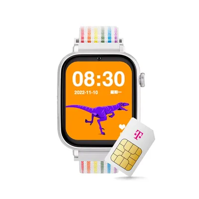 Produktbild von SaveWatch+ Kinder-Smartwatch: Regenbogen Textilarmband & Weißes Aluminiumgehäuse mit dem Telekom Smart Connect S Tarif