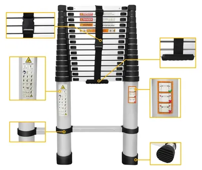Image de Échelle télescopique en aluminium - Échelle pliante - 2,6 m - 9 échelons - Charge maximale : 150 kg - Idéale pour les camping-cars, les maisons et les jardins