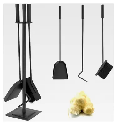 Produktbild von Kaminbesteck Set Schwarz 4-in-1 mit Besen, Schaufel, Eisenhaken und Ständer + Gratis Holzwolle Anzünder ca. 22 Stück