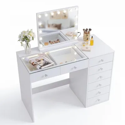 Image de Coiffeuse avec Miroir LED, 8 Tiroirs Blanc 120 x 55 x 127 cm