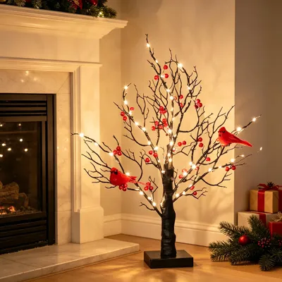 Rote Vogel-Baumlampe, LED, 54x12x12 cm, Weihnachtsdeko