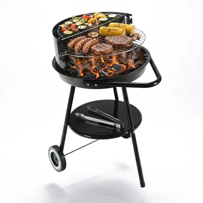 Produktbild von Relaxdays Holzkohlegrill mit Rollen, Ø 47 cm, Garten & Park, Windschutz, Ablage, Warmhalterost, Rundgrill, schwarz