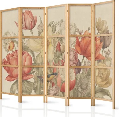 Produktbild von 5-teiliger Einseitiger Vlies Japanischer Paravent - Bouquet with Tulips - Colorful Flowers on a Light Background - Illustration 225x172 cm Blumen b-H-10034-bh-b
