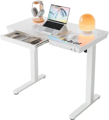 Höhenverstellbarer Schreibtisch 88x50 cm, USB, Schublade, Weiß