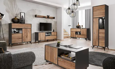 A modern living room set featuring a TV stand, a tall cabinet, and a coffee table with a wood and dark gray finish, set against a light-colored wall with a floral wallpaper.