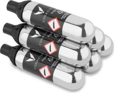 A stack of six argon gas canisters for a wine preservation system.
