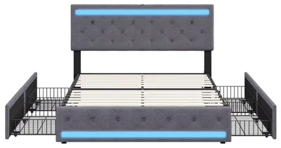 Image de Lit tapissier - Lit double 140 x 200 cm - Rangement intégré - 4 tiroirs - Éclairage LED/ports USB - Tête de lit avec sommier à lattes - Gris