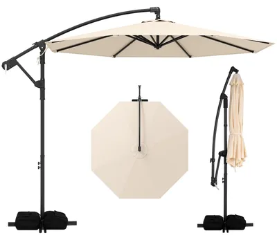 Produktbild von COSTWAY Sonnenschirm 300 cm mit Ständer, Ampelschirm mit Kurbel, Gartenschirm, 360° drehbar, Marktschirm, Terrassenschirm Beige