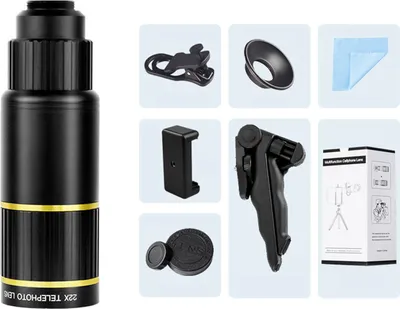 Produktbild von 22-faches Telefon-Teleobjektiv-Set mit Telefonhalter, Objektivclip, Augenmuschel-Reinigungstuch, Mini-Stativ zum Wandern, Camping, Tierbeobachtung, Mond, Sport, Spiele, Konzertschauen