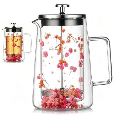 French Press 1 l, doppelwandiges Glas, Edelstahlfilter, spülmaschinengeeignet
