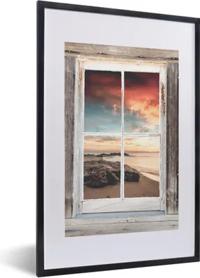 Produktbild von MuchoWow® Gerahmtes Poster Durchblick - Holz - Strand 40x60 cm - Poster mit Schwarzem Bilderrahmen Wandposter Rahmen Foto Bilder - Poster in Rahmen