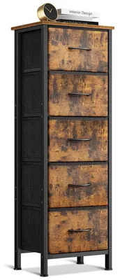 Image de Commode étroite avec 5 tiroirs en tissu, structure en acier, plateau en bois, style vintage, dimensions : 40x30x120 cm