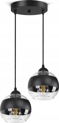 A product shot of a black and transparent glass pendant light with two bulbs.