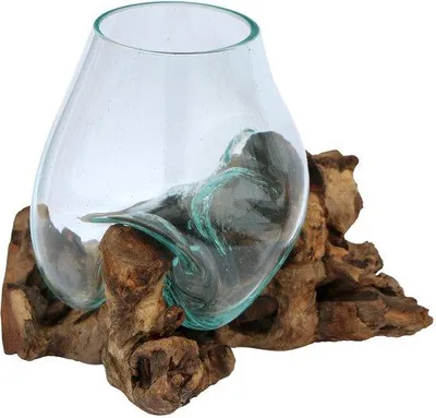 Image de Vase en verre Unyqoos® avec socle en bois naturel – verre soufflé à la main, amovible, vase décoratif pour fleurs et intérieur, pièce unique