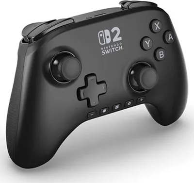 A black Nintendo Switch controller is shown from a slightly elevated angle against a white background.