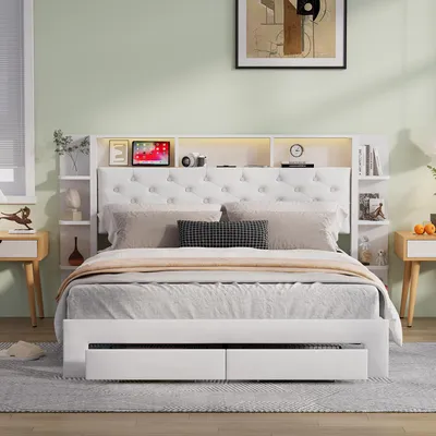 Obrázok produktu pre Čalúnená posteľ Fortuna Lai 160x200 cm s lamelovým roštom, 2 zásuvkami, LED osvetlením a USB portami, čelom s úložným priestorom, velúrovým poťahom, biela - ideálna pre dospelých a dospievajúcich