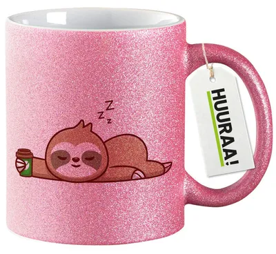 Produktbild von Huuraa Glitzertasse schlafendes Faultier Comic 330ml Pink Keramik Kaffeebecher Geschenkidee