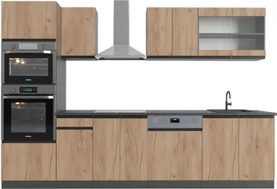 Produktbild von Vicco Kuchyňský kout R-Line, 300 cm Tvar J, s vysokou skříňkou, bez pracovní desky, Zlatý dub power/antracit