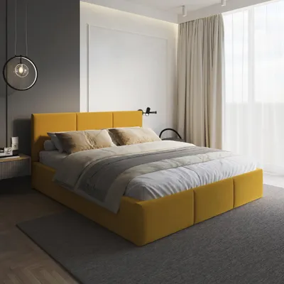 Produktbild von FDM Bett AMBER Paris 180x200 cm Polsterbett mit Lattenrost aus Metall Bettkasten Stauraumbett Samt mostaza