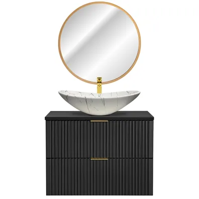 Produktbild von Waschplatz Set, 81cm, mit marmoriertem Aufsatzbecken und LED-Spiegel, matt schwarz mit gerillter Front ADELAIDE-56-BLACK, B/H/T ca. 80,6/200/46,5 cm