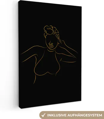 Obrázek produktu pro OneMillionCanvasses® - Obrazy na plátně - 90x140 cm, Žena - Černá - Zlatá - Čárová kresba, Nástěnný tisk Dekorace na zeď - Nástěnná dekorace - Ložnice