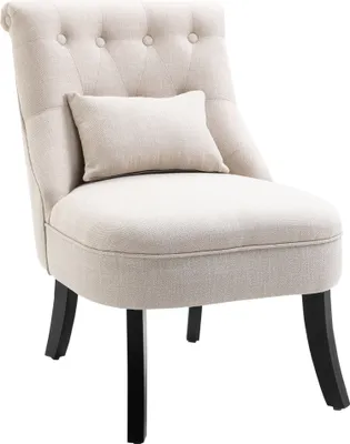 A cream-colored accent chair with a small lumbar pillow and tufted back, shown against a white background.