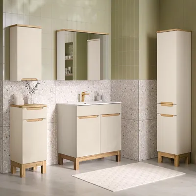 Produktbild von Badmöbel-Set 5-teilig mit 80 cm Waschtisch & Spiegelschrank in kaschmir und Eiche, modern grifflos - SOLNA-56-CASHMERE