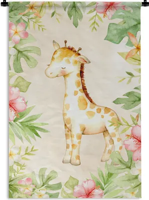 Produktbild von MuchoWow® Wandteppich Wandbehang Giraffe - Aquarell - Blumen 60x90 cm Tapisserie Dekoration Wandtuch - Foto-Teppich - Abwaschbar