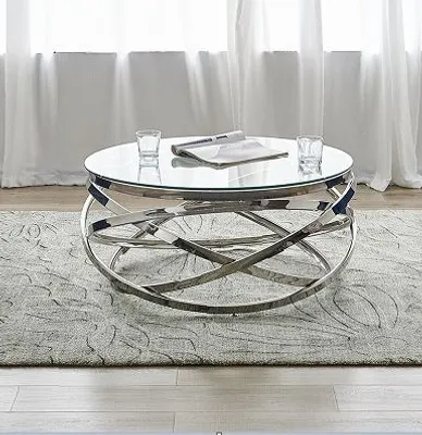 Produktbild von SalesFever Couchtisch Ø 80 cm | Tischplatte Sicherheitsglas 8 mm | Gestell rostfreier Edelstahl | B 80 x T 80 x H 42 cm | silber – klar