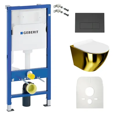 Produktbild von DOMINO  Geberit Duofix Basic Vorwandelement + Wand-WC Tiefspül Sofi Slim Becken Gold/Weiß Spülrandlos + Bedienplatte Delta 25 für Doppelspülung  | Set