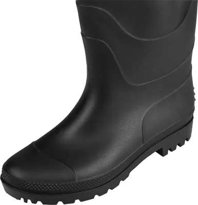 A close-up view of a black rubber boot.