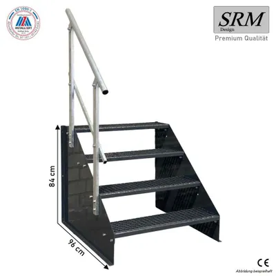 Obrázek produktu pro 4stupňové volně stojící schodiště model 1 kompletně antracitové ocelové schodiště šířka 80 cm výška 84 cm se zábradlím na jedné straně