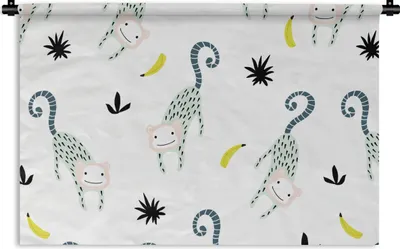 Produktbild von MuchoWow® Wandteppich Wandbehang Affen - Obst - Weiß 60x40 cm Tapisserie Dekoration Wandtuch - Wanddekorationen