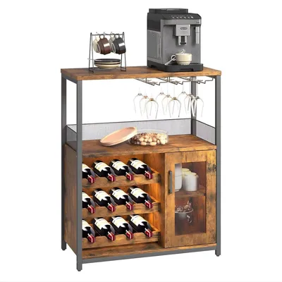 Produktbild von Weinschrank mit LED – Industrielles Sideboard für Wohnzimmer – Braun – Weinregal mit Flaschen- und Gläserhalter