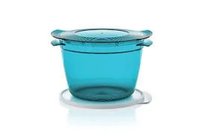 A turquoise microwave cooking pot with a gray lid is shown on a white background.