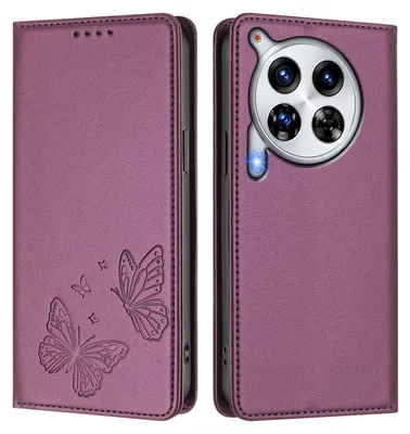 Image de Étui en cuir pour Tecno Camon 30 Premier, motif papillon, étui à rabat avec porte-appareil, violet