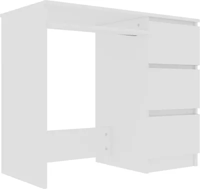 A white desk with three drawers on the right side, shown in a studio setting.
