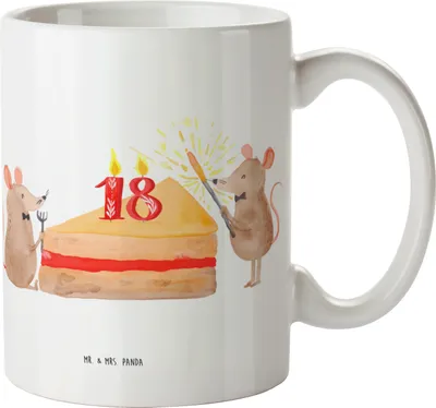 Produktbild von Mr. & Mrs. Panda Kaffeetasse 18. Geburtstag Mäuse Kuchen - Weiß - Geschenk, Kaffeebecher, haferl, Teetasse, Tasse, Becher, Kuchenliebe, Happy Birthday, Geburtstage, Maus