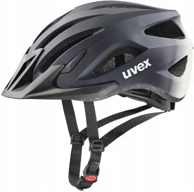 A black and gray UVEX bicycle helmet is shown against a white background.