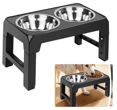 Immagine prodotto di Distributore di cibo per cani, regolabile in altezza, con ciotole in acciaio inossidabile, supporto per ciotole per cani regolabile.