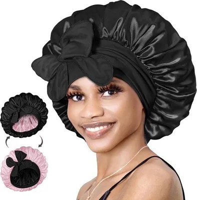 Immagine prodotto di Cuffia da notte per capelli ricci - cuffia a doppia faccia - ampia fascia elastica - regolabile - Nero e rosa