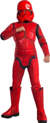 A child wearing a red Sith Trooper costume from Star Wars.