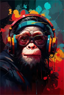 Produktbild von Wallario Premium Glasbild, freischwebende Optik, kräftige Farben, Größe 90 x 60 cm Motiv Chimp - Musik